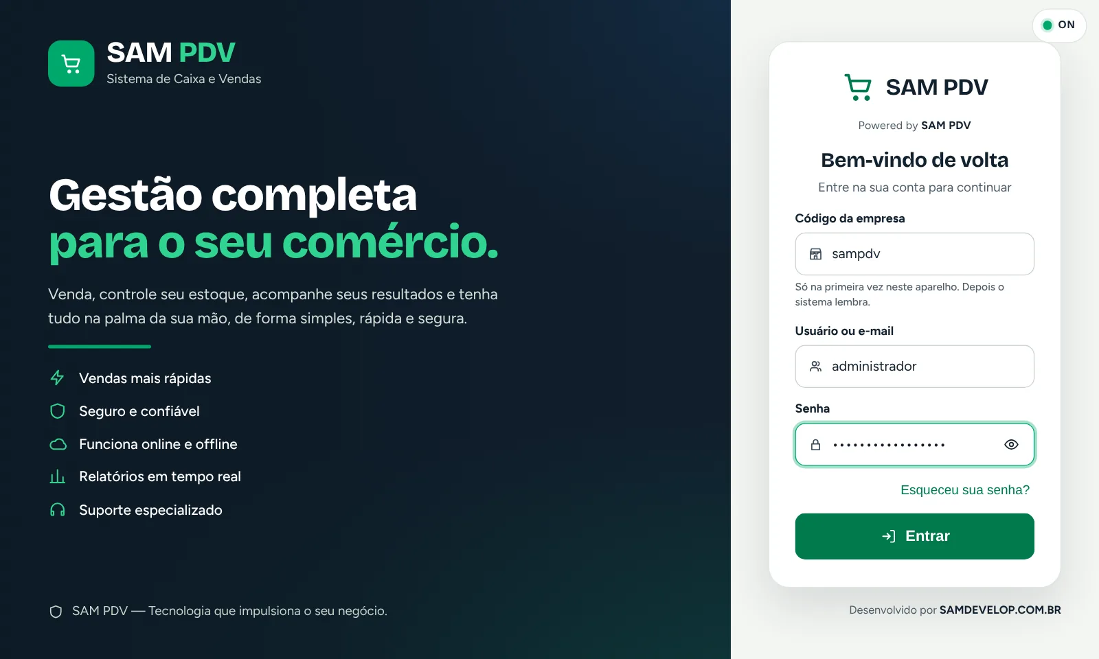 Tela de entrada do SAM PDV com código da empresa, usuário e senha preenchidos