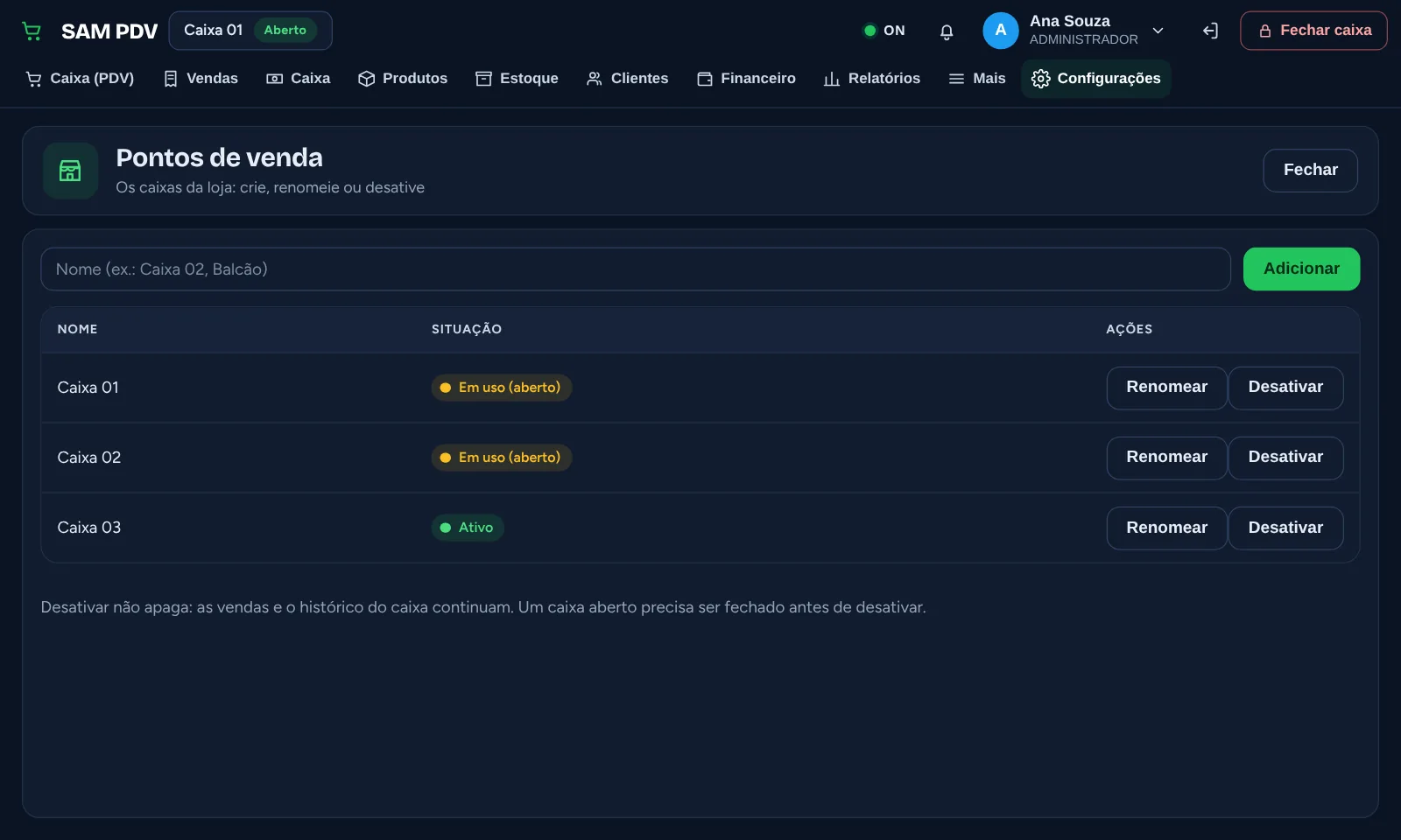 Tela Pontos de venda com Caixa 01, Caixa 02 e Caixa 03