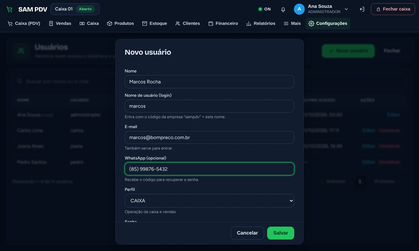 Janela Novo usuário com nome, usuário, e-mail, WhatsApp e perfil CAIXA