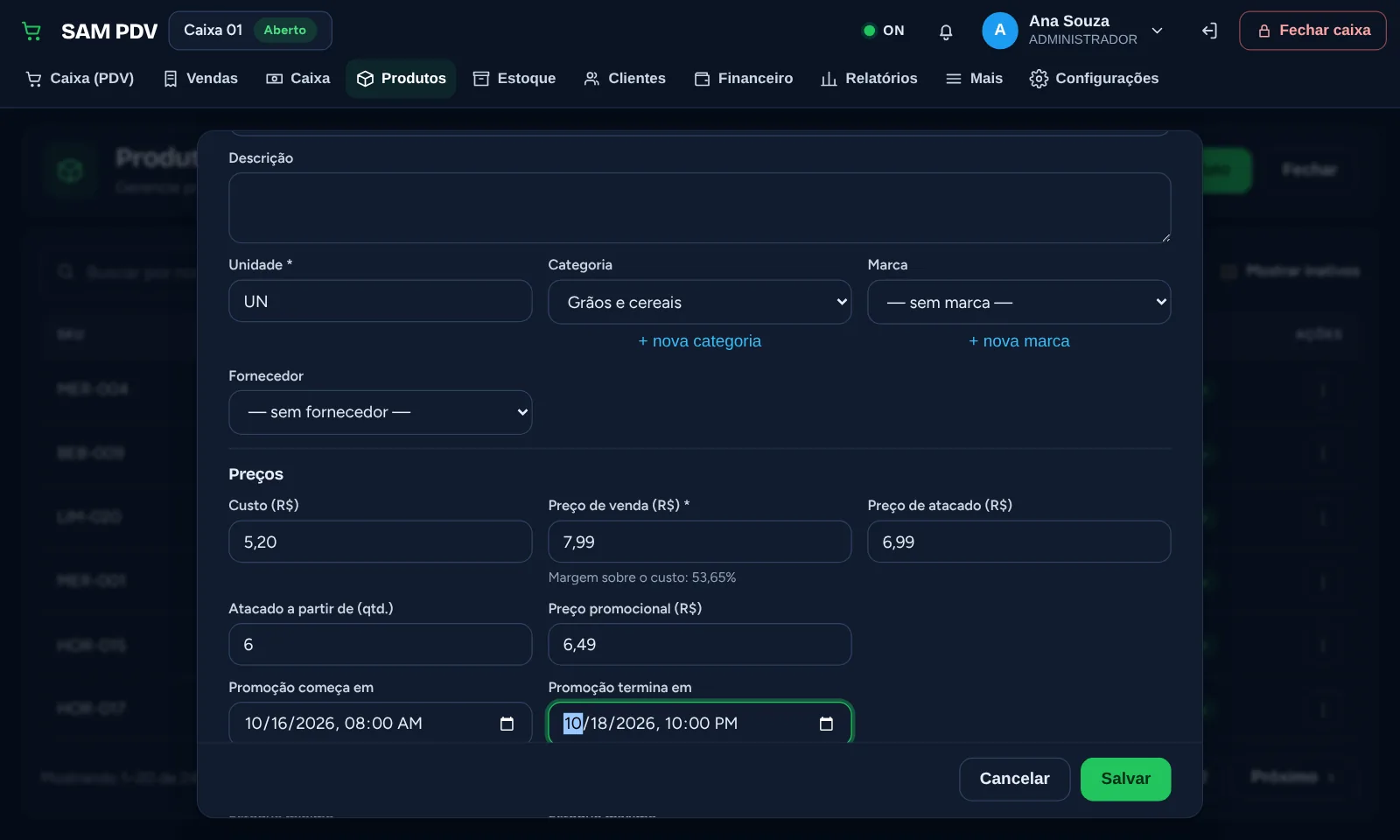 Seção de preços com custo, preço de venda, atacado a partir de 6 unidades e promoção com data de início e fim