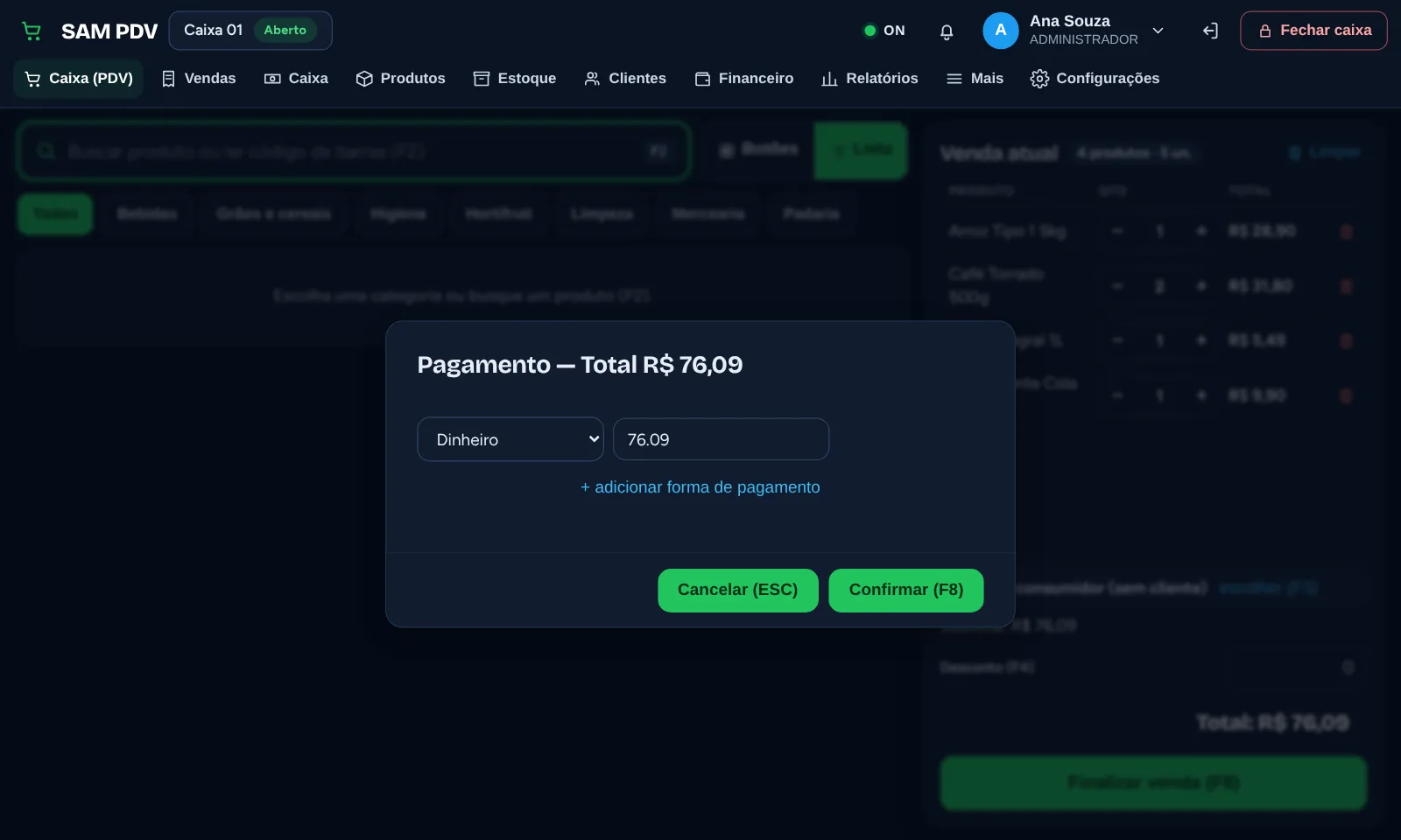 Janela de pagamento com o total da venda e a forma Dinheiro