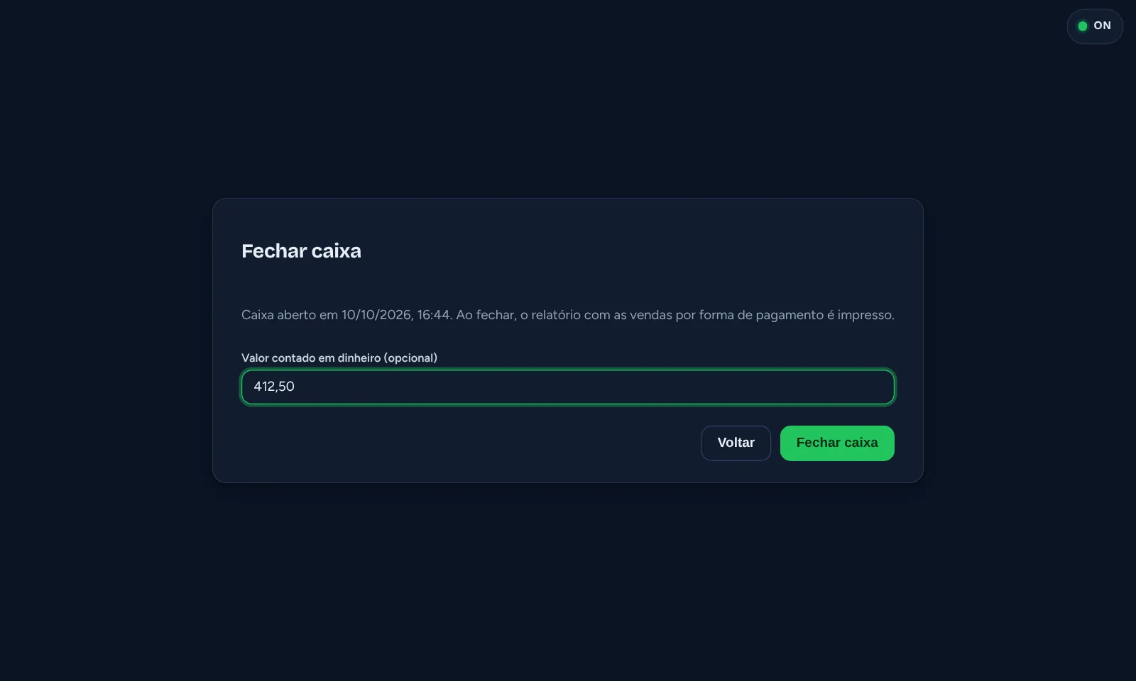 Janela Fechar caixa com o campo do valor contado em dinheiro