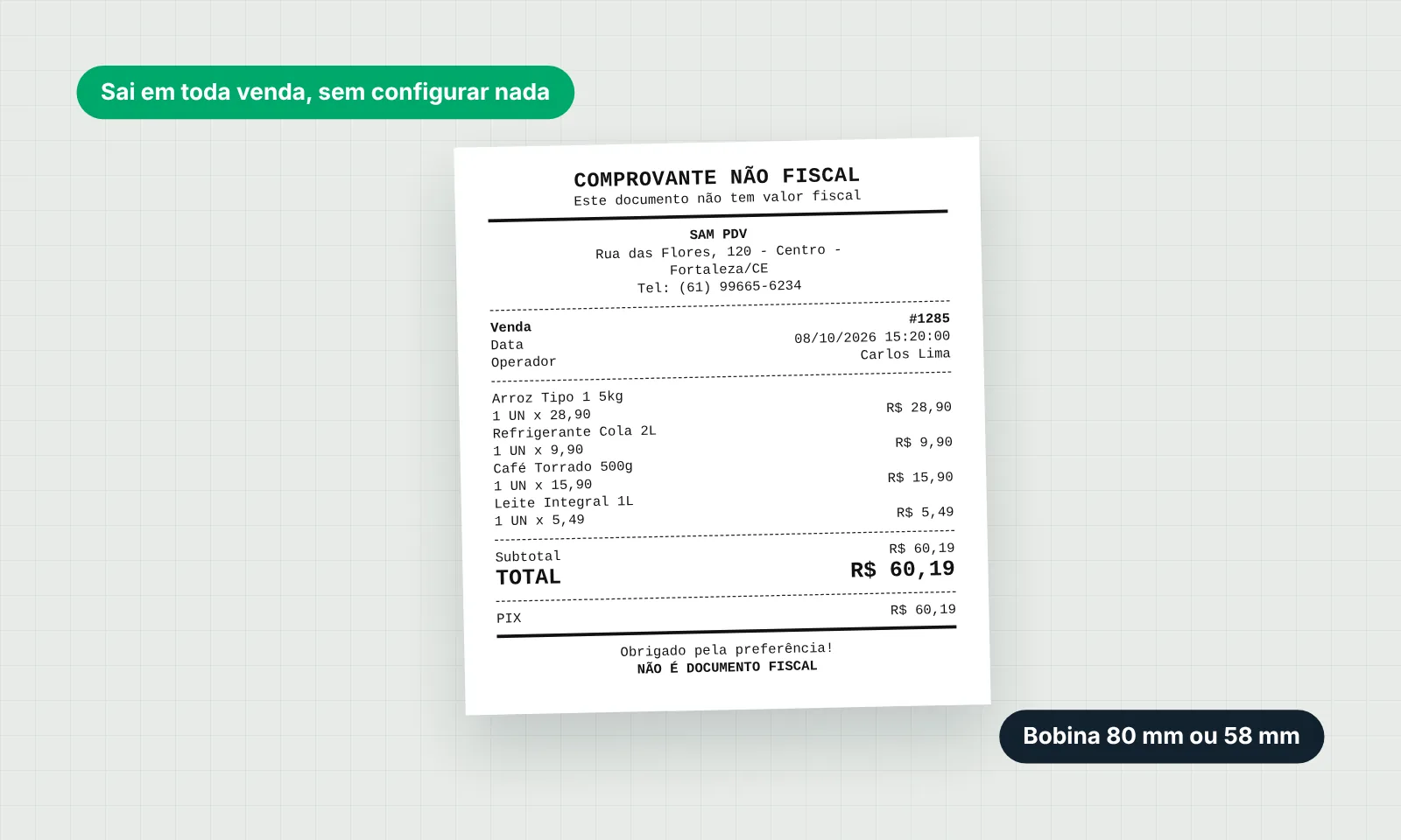Comprovante não fiscal impresso pelo SAM PDV com itens, total e pagamento em PIX