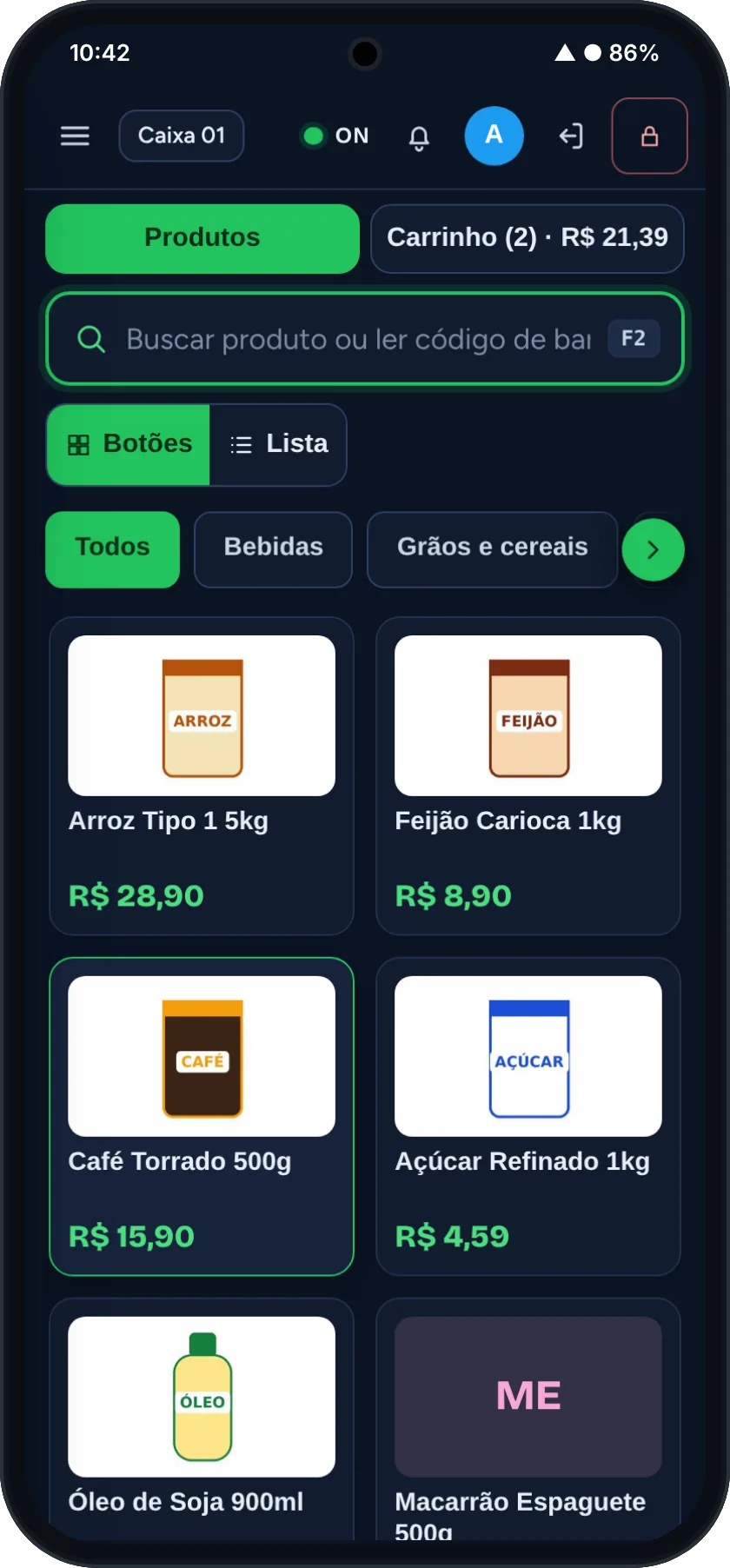 App SAM PDV no celular Android, Layout Escuro: categorias e fotos dos produtos